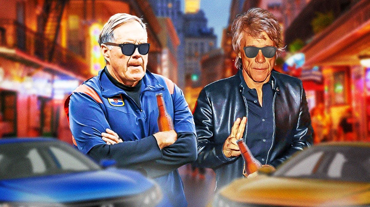 Former New England Patriots head coach Bill Belichick and American singer-songwriter Jon Bon Jovi each holding a beer and wearing sunglasses with Bourbon Street in New Orleans in the background.