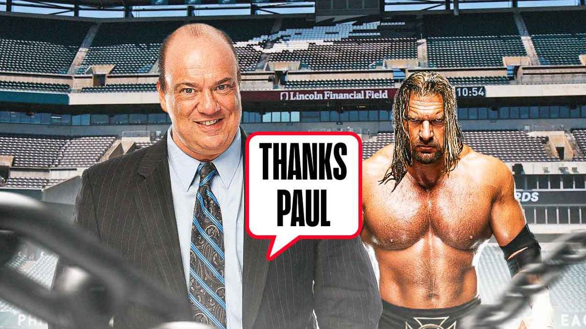 Paul Heyman with a text bubble reading “Thanks Paul” next to Triple H with Lincoln Financial Field as the background.