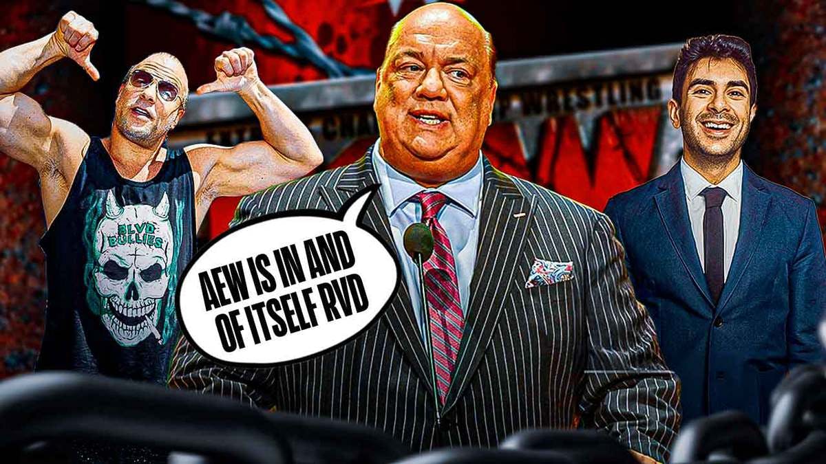 Paul Heyman with a text bubble reading “AEW is in and of itself RVD” with Tony Khan on his right and Rob Van Dam on his left with the ECW logo as the background.