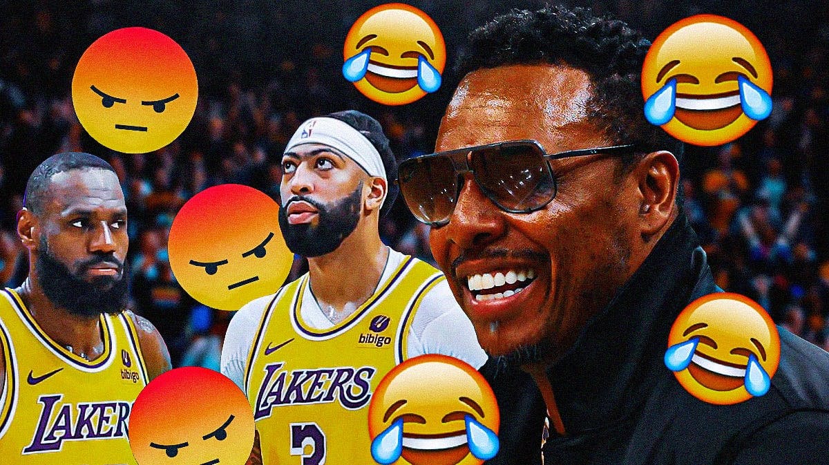 Paul Pierce on one side with crying laughing emojis around him, LeBron James and Anthony Davis with angry emojis over their faces on the other side