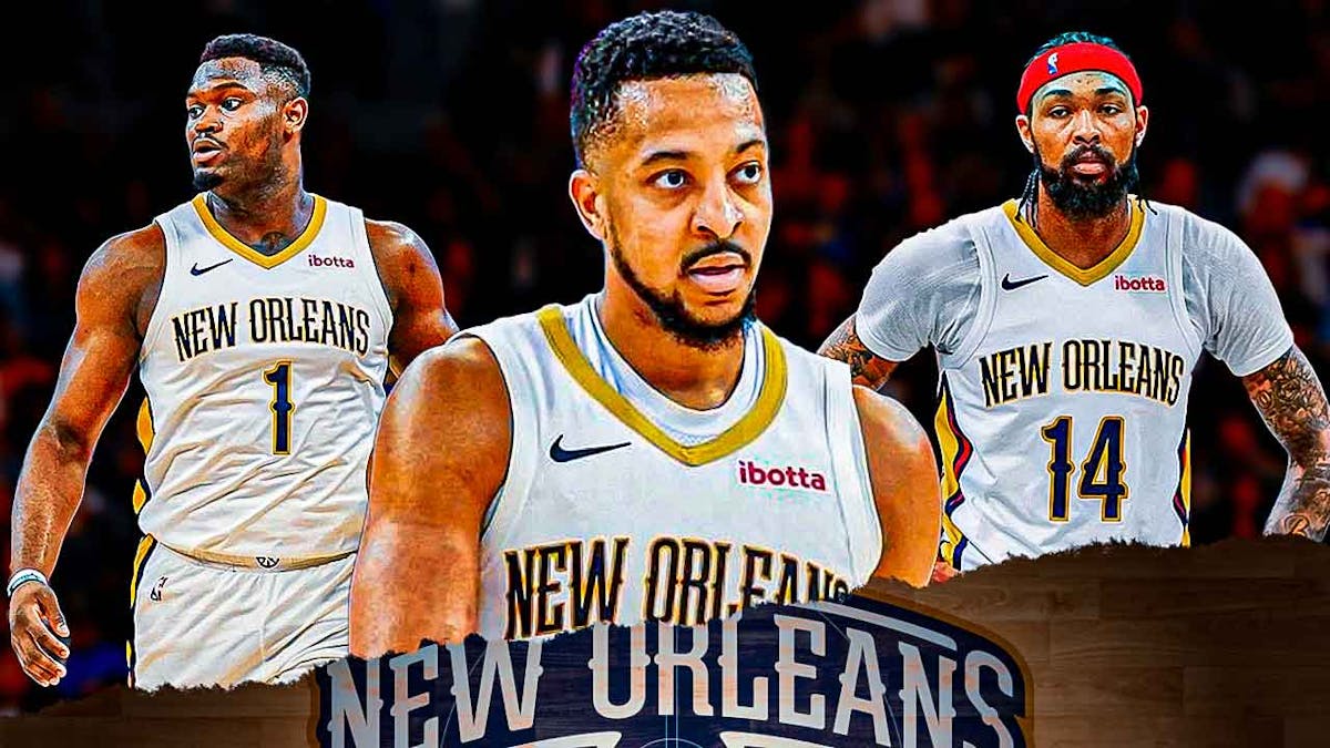 Pelicans' CJ McCollum and Brandon Ingram looking sad, with Zion Williamson looking angry