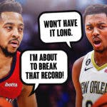 Pelicans CJ McCollum saying "I'm about to break that record!" with Trey Murphy III replying "Won't have it long."