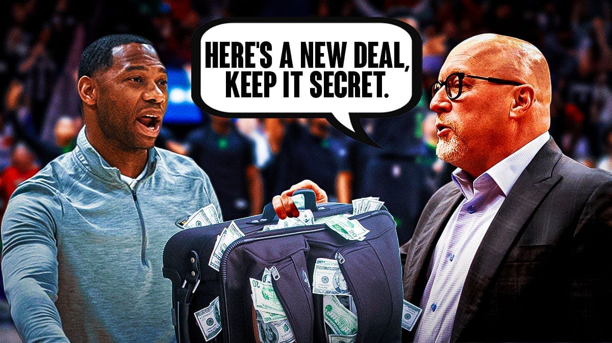 Pelicans' David Griffin giving Willie Green a bag saying "Here's a new deal, keep it secret."