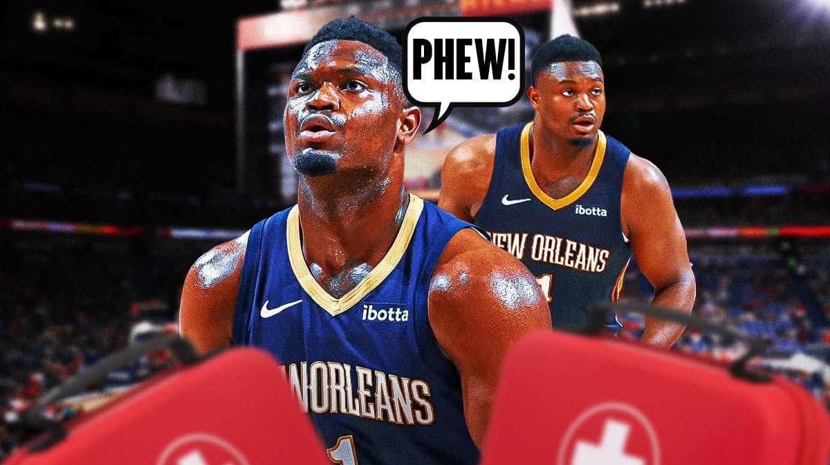Pelicans' Zion Williamson saying "Phew!" with first aid kits