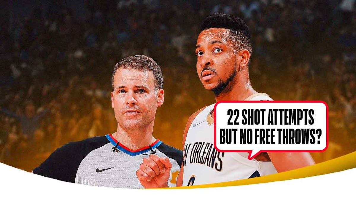 Pelicans CJ McCollum next to a referee with a speech bubble that reads 22 shot attempts but no free throws?