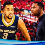 Pelicans CJ McCollum and Willie Green next to speech bubbles that say I thought it was all cash and we let is slip away, respectively