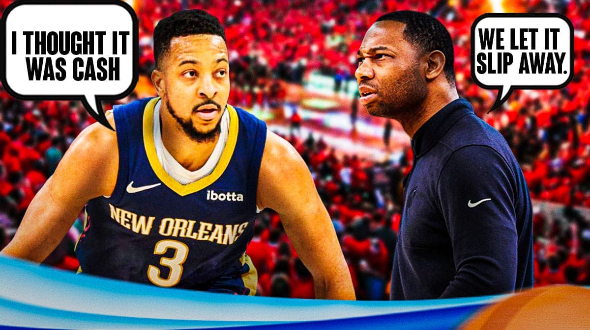 Pelicans CJ McCollum and Willie Green next to speech bubbles that say I thought it was all cash and we let is slip away, respectively