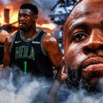 Pelicans Zion Williamson and CJ McCollum next to Draymond Green in the 'house on fire I'm not worried' meme