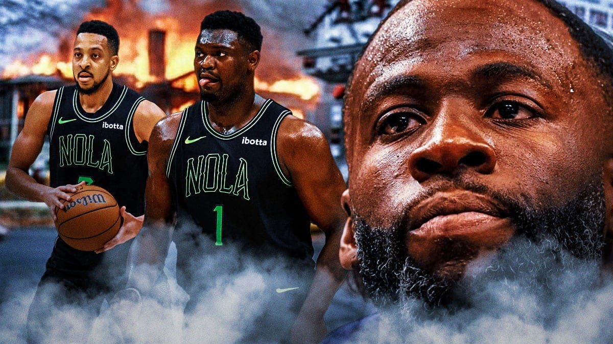Pelicans Zion Williamson and CJ McCollum next to Draymond Green in the 'house on fire I'm not worried' meme
