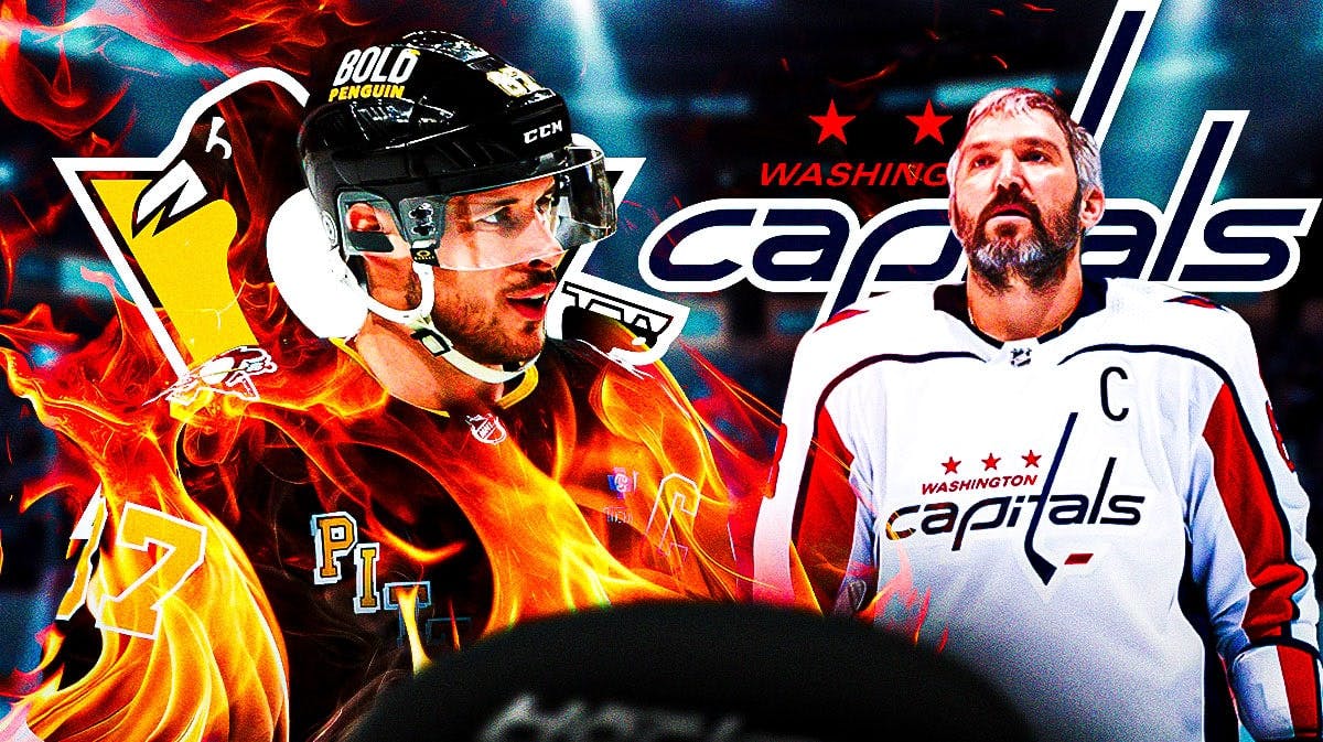 Sidney Crosby in image with fire around him looking happy, Alex Ovechkin looking stern, Pittsburgh Penguins and Washington Capitals logos, hockey rink in background