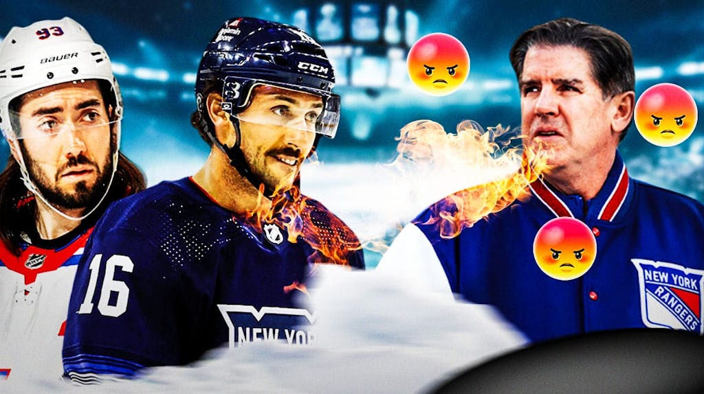 Peter Laviolette breathing fire, angry emojis by him. Mika Zibanejad, Vincent Trochek