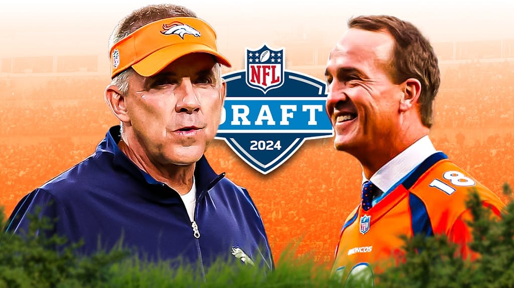 Peyton Manning looking at Sean Payton with the 2024 NFL Draft logo in the background