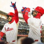 Phillies' Bryce Harper hyped up on the left, with him swinging on the right