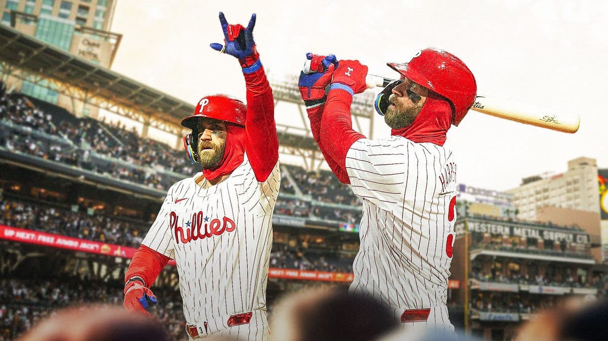 Phillies' Bryce Harper hyped up on the left, with him swinging on the right