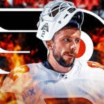 Ivan Fedotov in image looking happy with fire around him and money to represent contract, Philadelphia Flyers logo, hockey rink in background