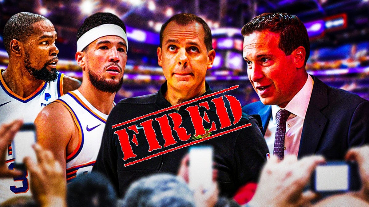 Suns' Frank Vogel with "FIRED" across him next to Mat Ishbia, Devin Booker, and Kevin Durant