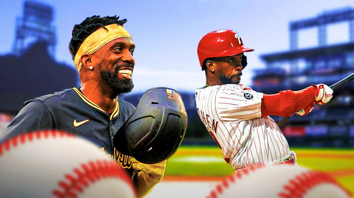 Pirates' Andrew McCutchen smiling, with a version of himself in a Phillies uniform swinging the bat on the side