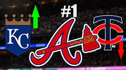 MLB power rankings movement with the Kansas City Royals logo with a green up arrow; the Atlanta Braves logo with "#1" in front of it; the Minnesota Twins logo with a red down arrow