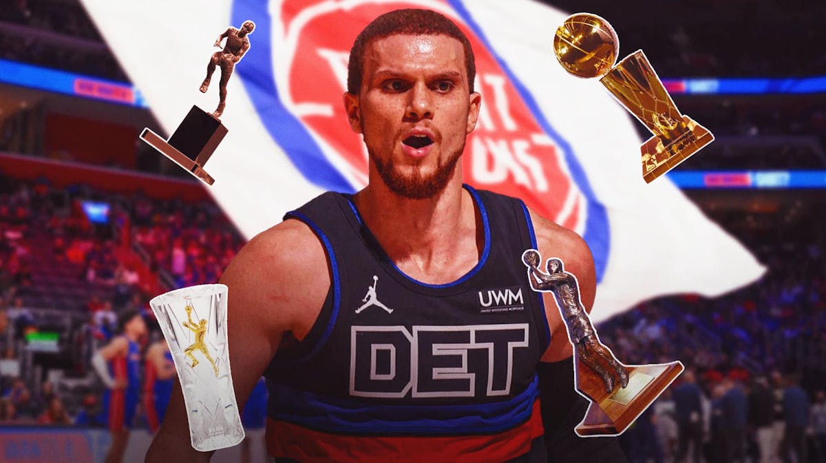 : Pistons' Malachi Flynn hyped up, with MVP, MIP, Sixth Man of the Year, Larry O'Brien Trophy flying all over him
