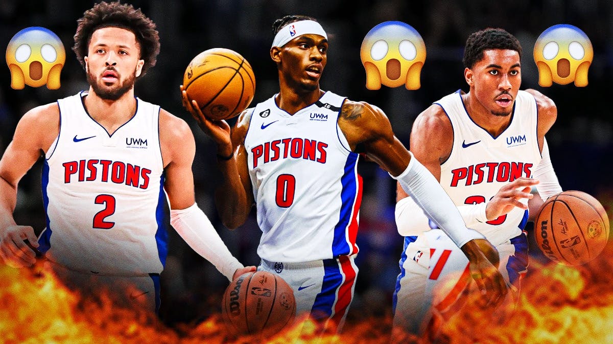 Photo: Cade Cunningham, Bojan Bogdanovic, Jaden Ivey all in action in Pistons jerseys looking serious with shocked emojis around them