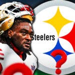 San Francisco 49ers wide receiver Brandon Aiyuk next to the logo for the Pittsburgh Steelers. Both are surrounded by question marks.