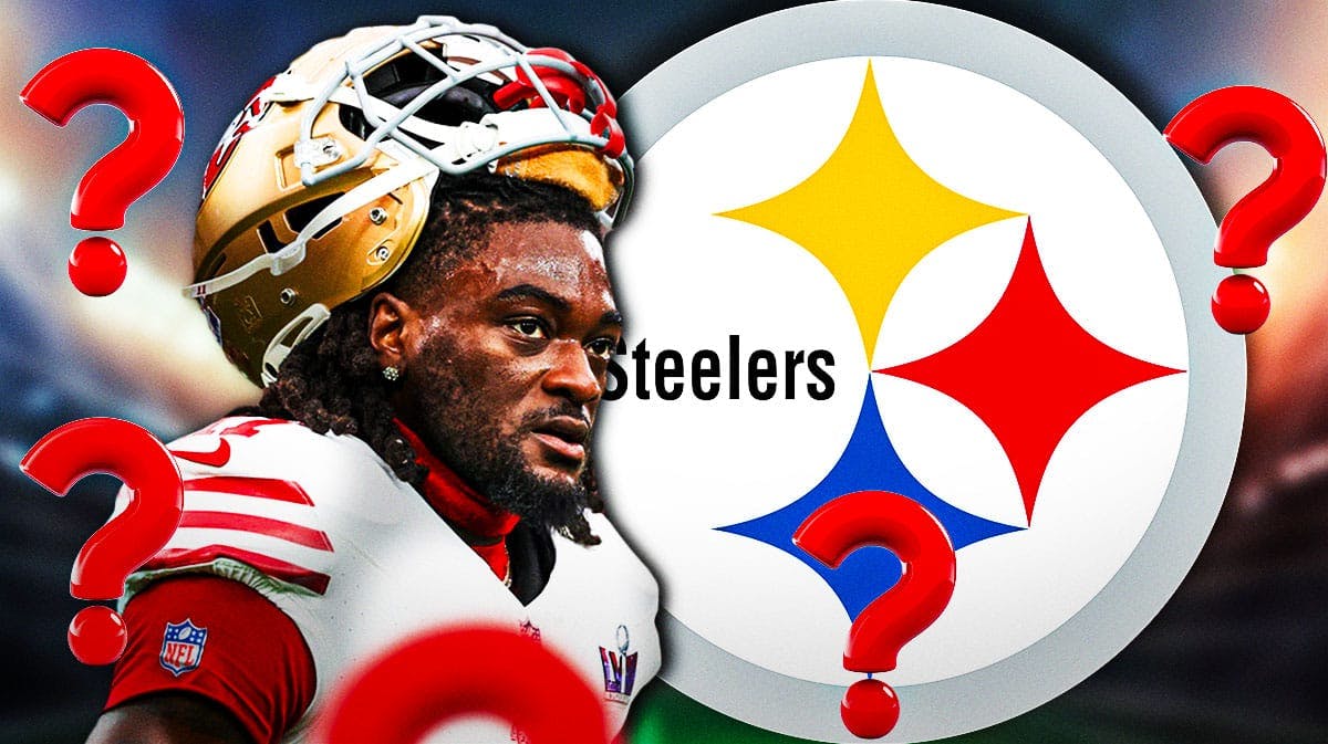 San Francisco 49ers wide receiver Brandon Aiyuk next to the logo for the Pittsburgh Steelers. Both are surrounded by question marks.