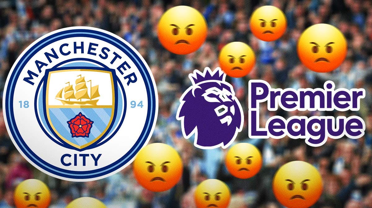 Angry fans in front of the Manchester City and Premier League logos