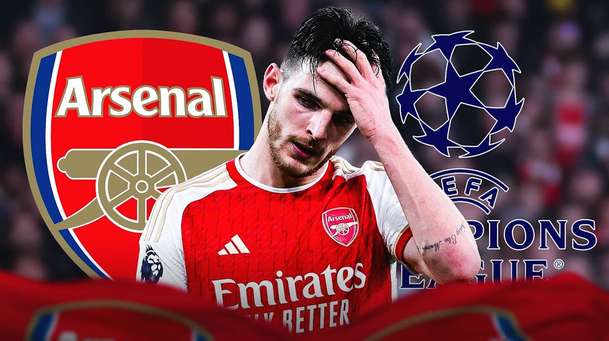 Declan Rice in front of the Arsenal and Premier League and Champions League logos