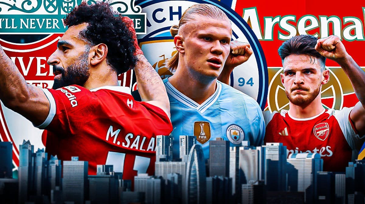 Mo Salah celebrating in front of the LIverpool logo, Erling Haaland celebrating in front of the Manchester City logo, Declan Rice celebrating in front of the Arsenal logo premier league