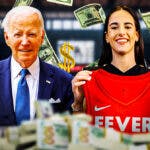 U.S. President Joe Biden and Indiana Fever player Caitlin Clark, with money and dollar signs