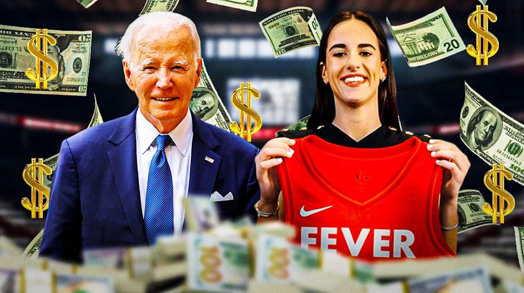 U.S. President Joe Biden and Indiana Fever player Caitlin Clark, with money and dollar signs