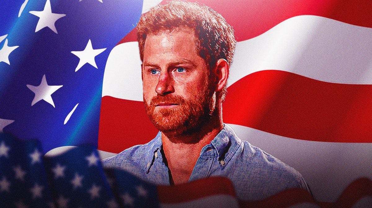 Prince Harry with an American flag behind her