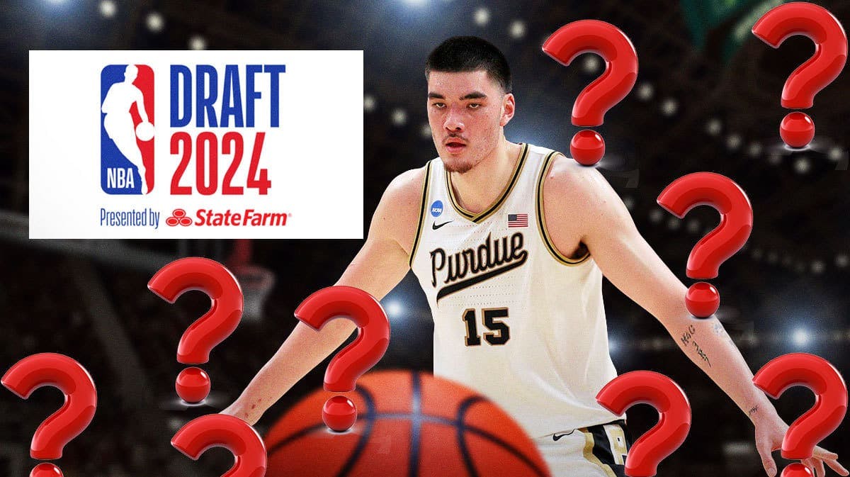 Purdue’s Zach Edey in front looking serious. In background, need the 2024 NBA Draft logo (or just NBA Draft logo). Also, place question marks everywhere please.