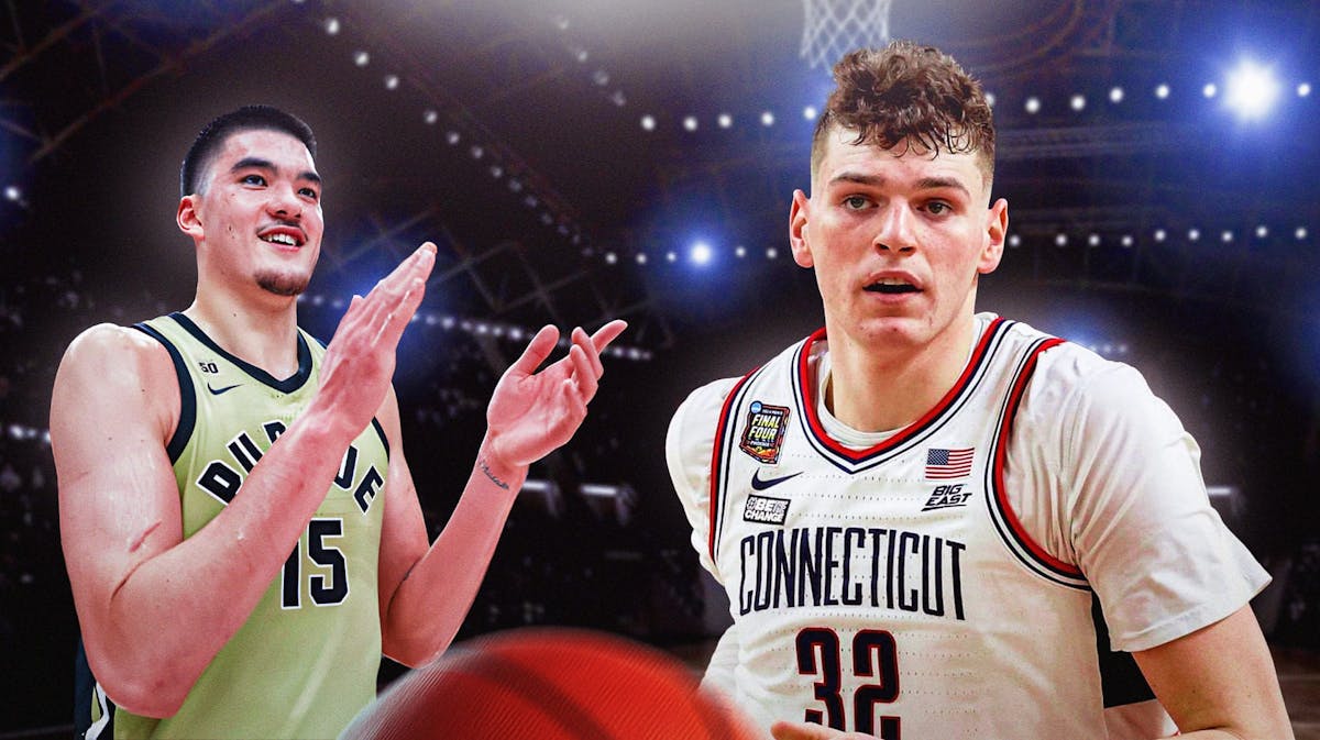 Purdue basketball center Zach Edey on the left, with UConn center Donovan Clingan on the right.