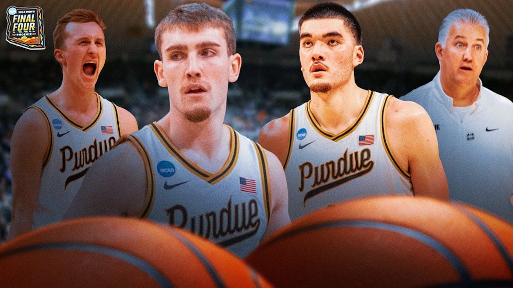Purdue basketball, NC State basketball, Final Four, March Madness, Purdue NC State, Braden Smith, Fletcher Loyer, Zach Edey and Matt Painter with 2024 men's final four logo in the background