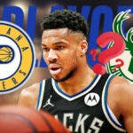 Bucks' Giannis Antetokounmpo next to Pacers and NBA Playoffs logo with question marks