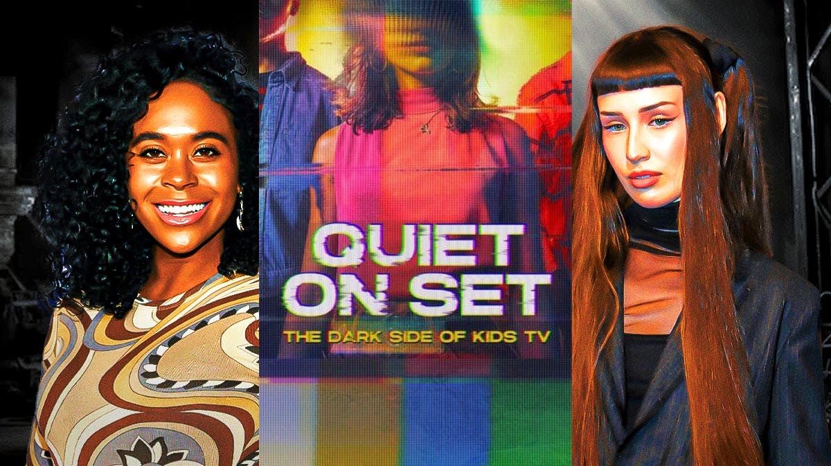 Actress Raquel Lee Bolleau and actress Alexa Nikolas with a Quiet On Set poster.
