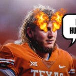 Photo: Quinn Ewers with fire in his eyes in Texas football jersey saying "I'm hungry!"