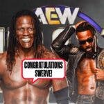 R-Truth with a text bubble reading "Congratulations Swerve!" next to Swerve Strickland holding the AEW World Championship with the AEW Dynasty logo as the background.