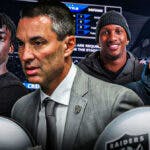 GM Tom Telesco in the middle, Terrion Arnold, Michael Penix Jr, Jalen McMillan around him, and Las Vegas Raiders wallpaper in the background
