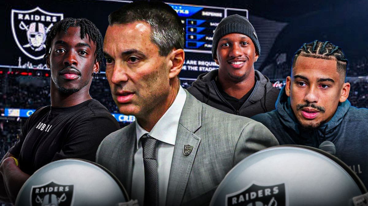 GM Tom Telesco in the middle, Terrion Arnold, Michael Penix Jr, Jalen McMillan around him, and Las Vegas Raiders wallpaper in the background