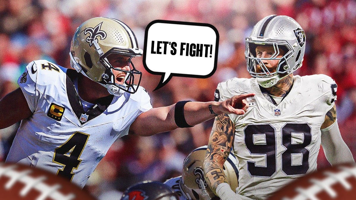 Derek Carr on one side with a speech bubble that says "Let's fight!", Maxx Crosby on the other side, a bunch of laughing emojis in the background