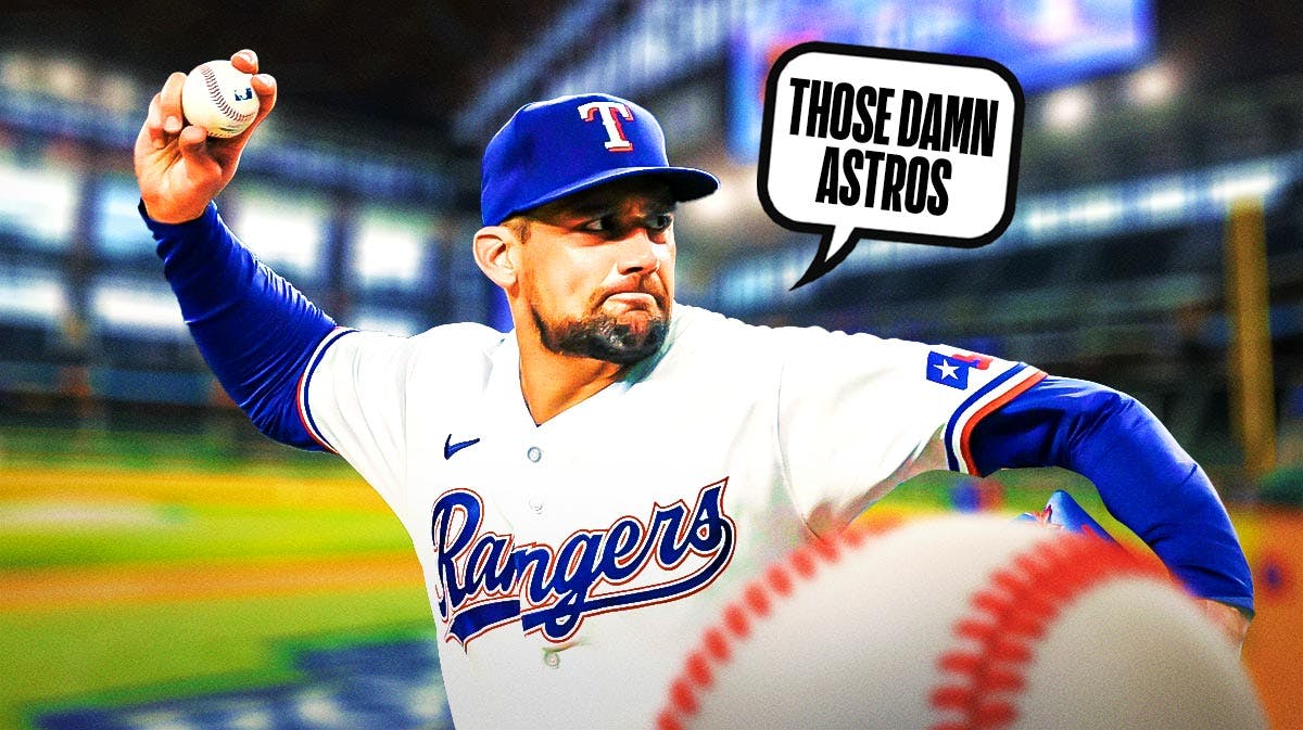 Photo: Nathan Eovaldi in action in Rangers jersey saying "Those damn Astros"