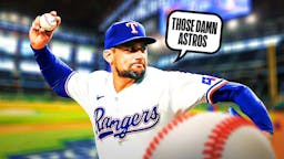 Photo: Nathan Eovaldi in action in Rangers jersey saying "Those damn Astros"