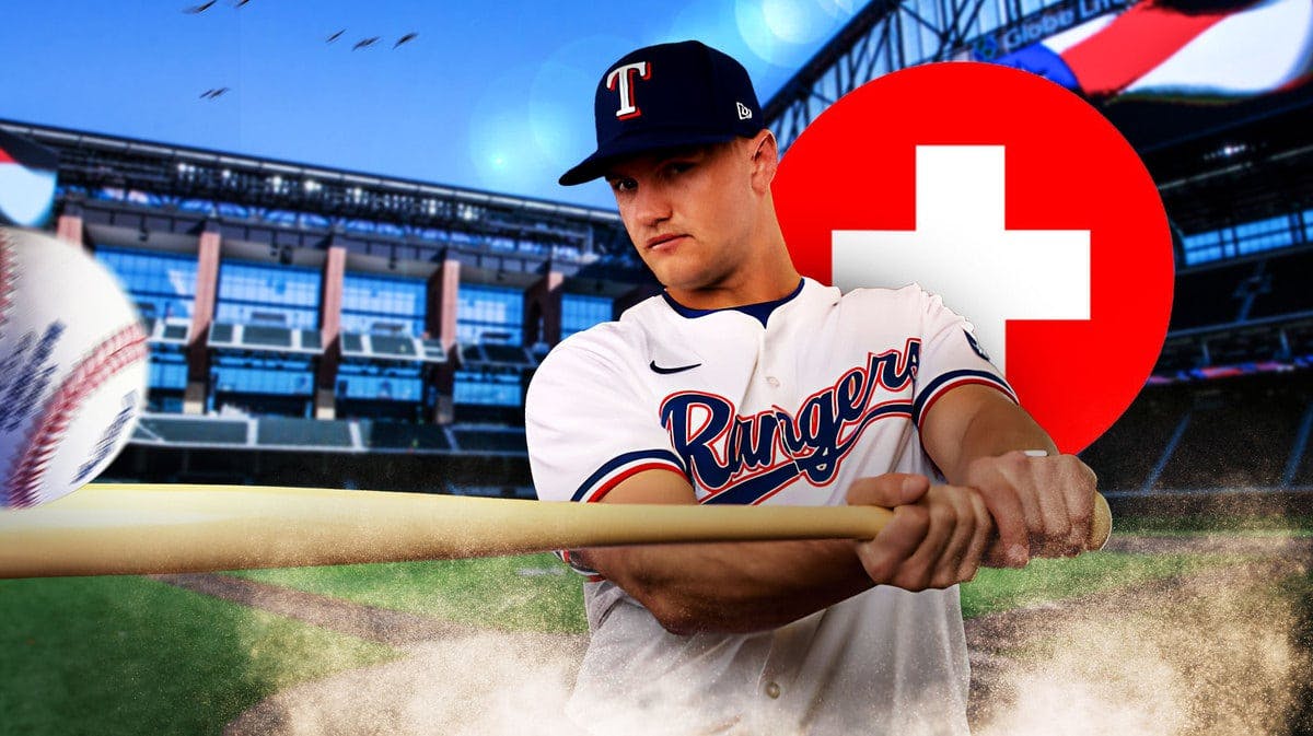 Rangers' Josh Jung with the red medical cross logo beside him