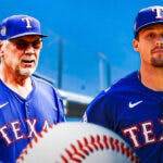 Texas Rangers manager Bruce Bochy next to Evan Carter