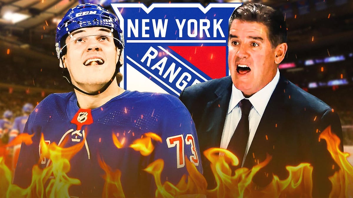 Matt Rempe in middle of image with fire around him looking happy, Peter Laviolette in image looking impressed, New York Rangers logo, hockey rink in background
