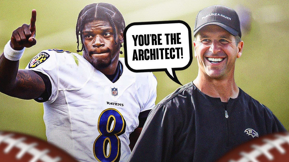 Lamar Jackson on one side, John Harbaugh on the other side with a speech bubble that says “You’re the architect!”