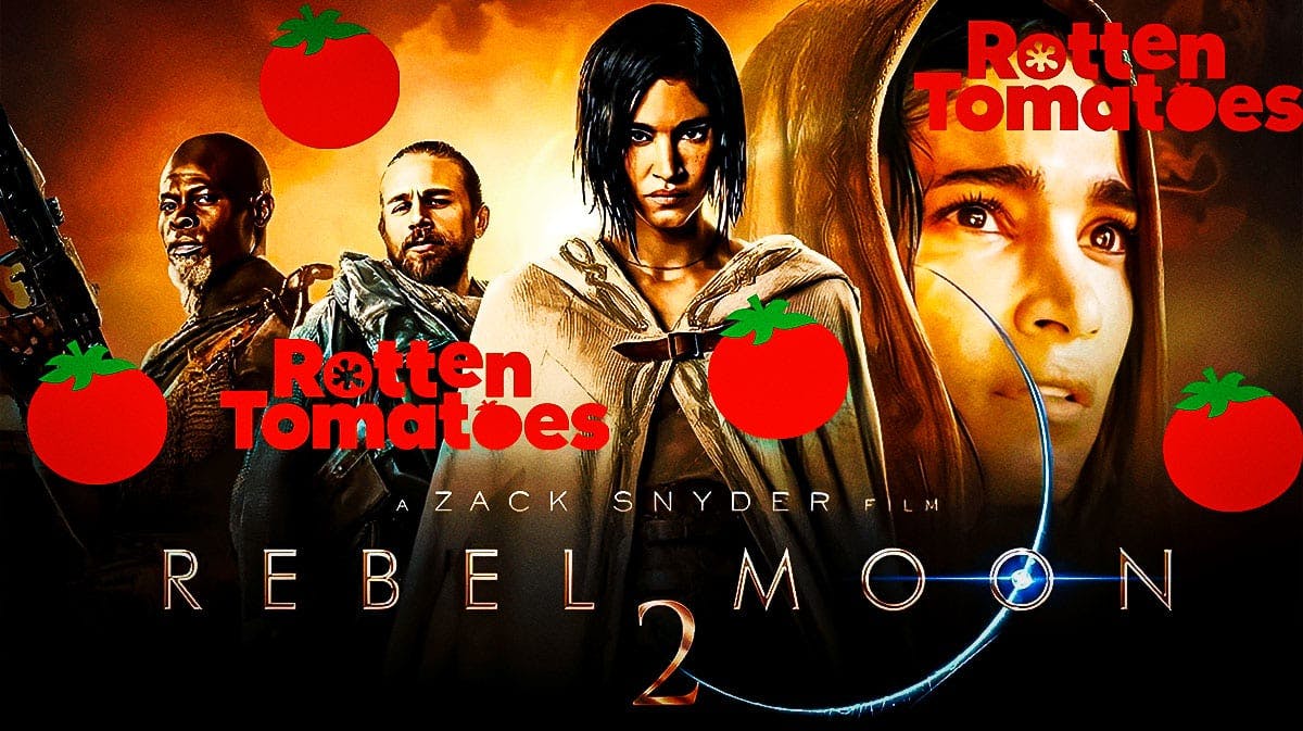 Rebel Moon poster with the Rotten Tomatoes logo and tomatoes across the image