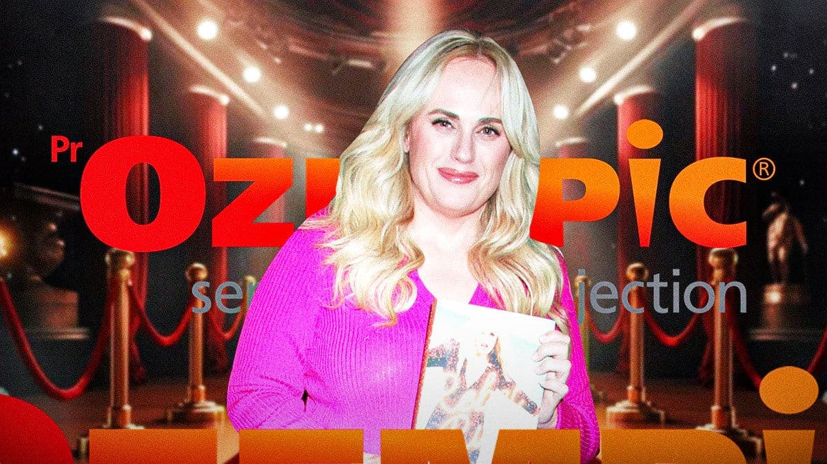 Rebel Wilson and a Ozempic logo.